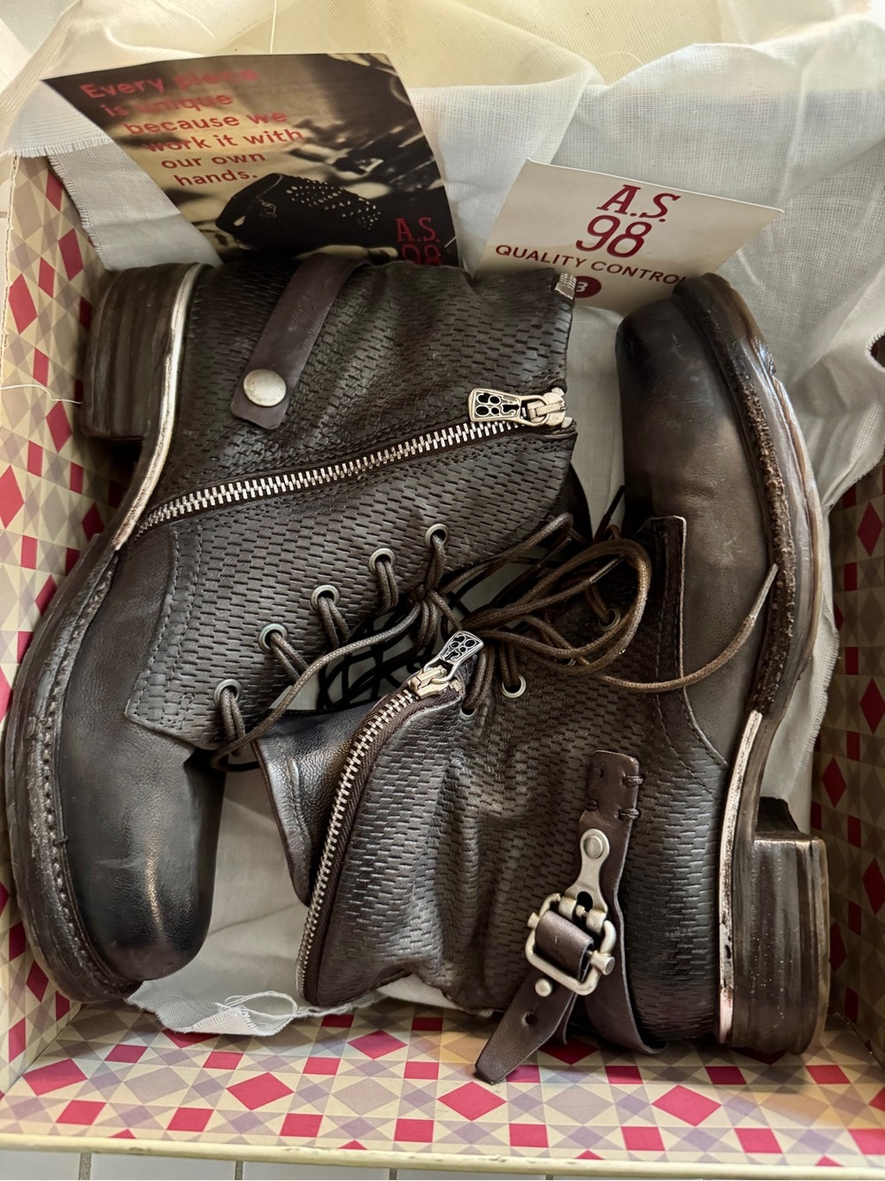 A.S.98 Women's Dark Brown Textured Leather Combat Boots with Buckle & Zipper